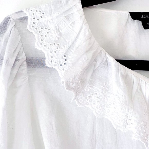 JCREW White Cotton Embroidered Ruffle Collar Top with Eyelet Size 6 - Picture 4 of 9